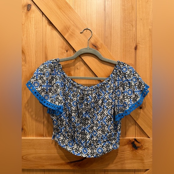 Dixie Women’s Blue Print Off Shoulder Top Size S Made In Italy - Picture 1 of 3